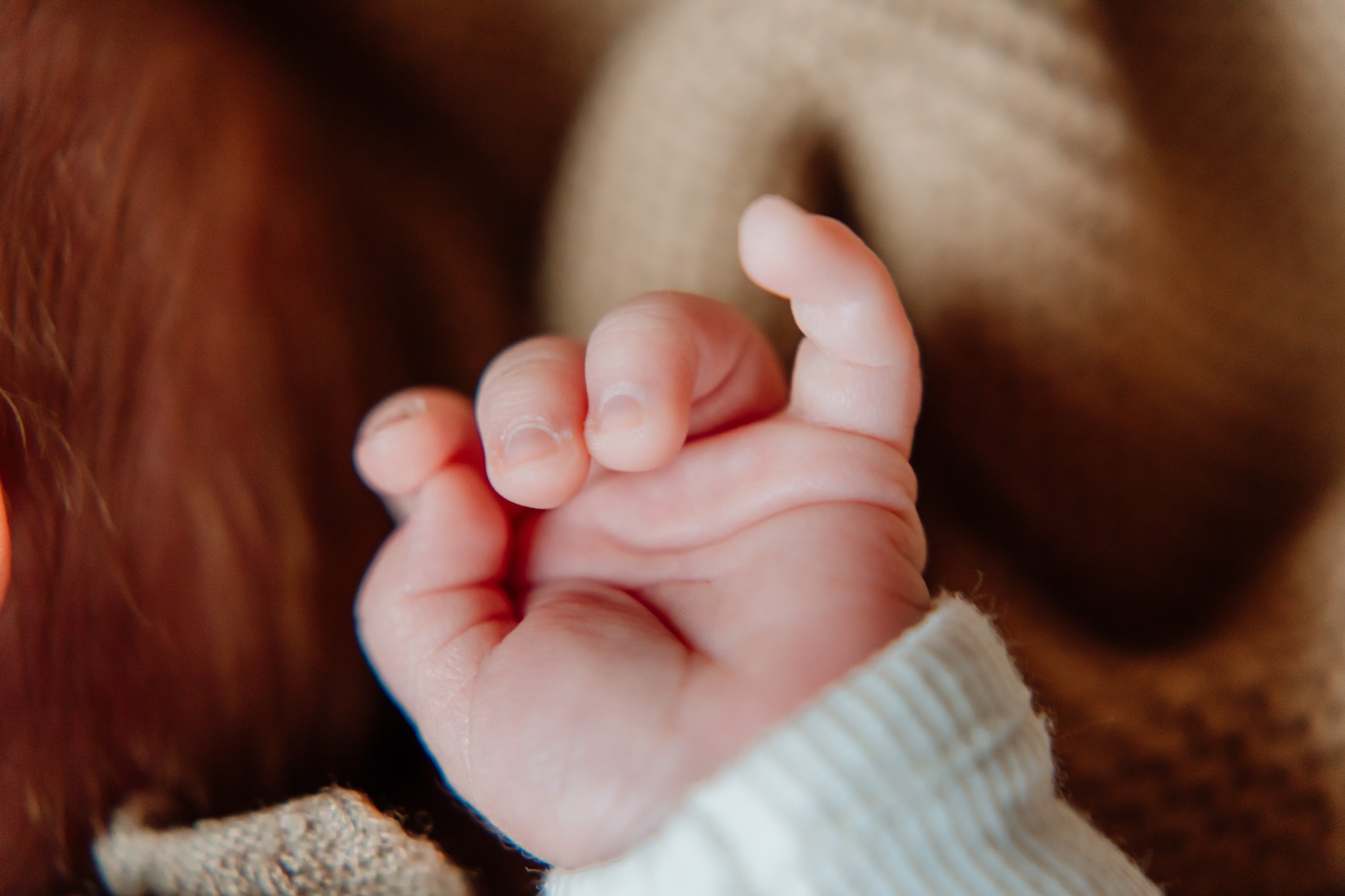 Close-up van slapende baby Tommie tijdens de newbornshoot in Zuidland, de kleine details van zijn gezichtje prachtig vastgelegd