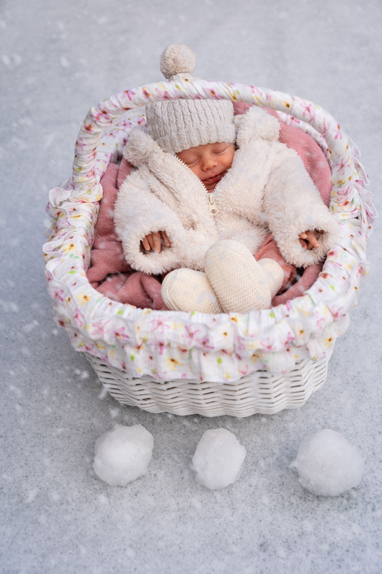 Newborn fotoshoot in Zuidland, baby in mandje in de sneeuw
