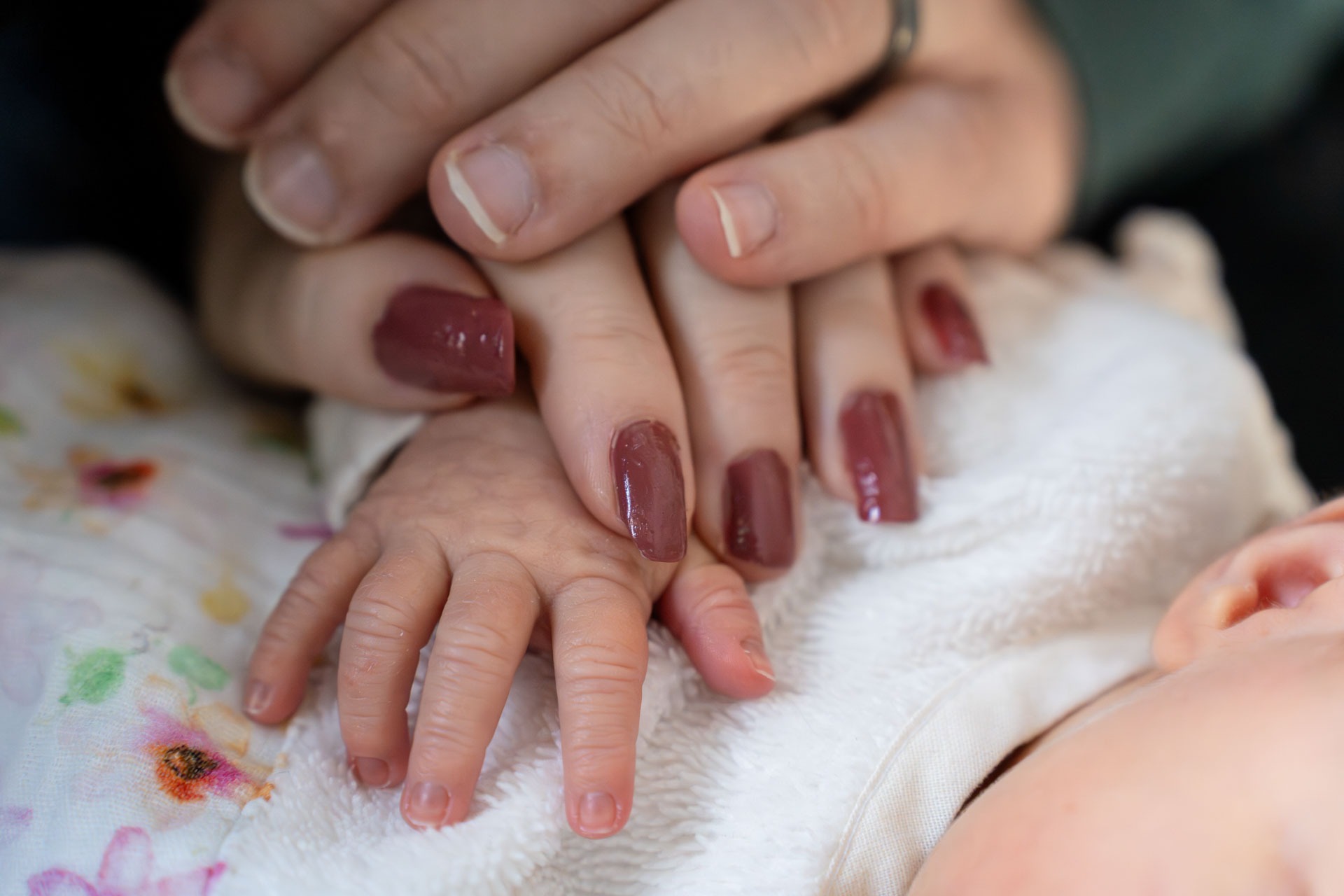 Newborn fotoshoot in Zuidland, detail van handjes ouder en baby