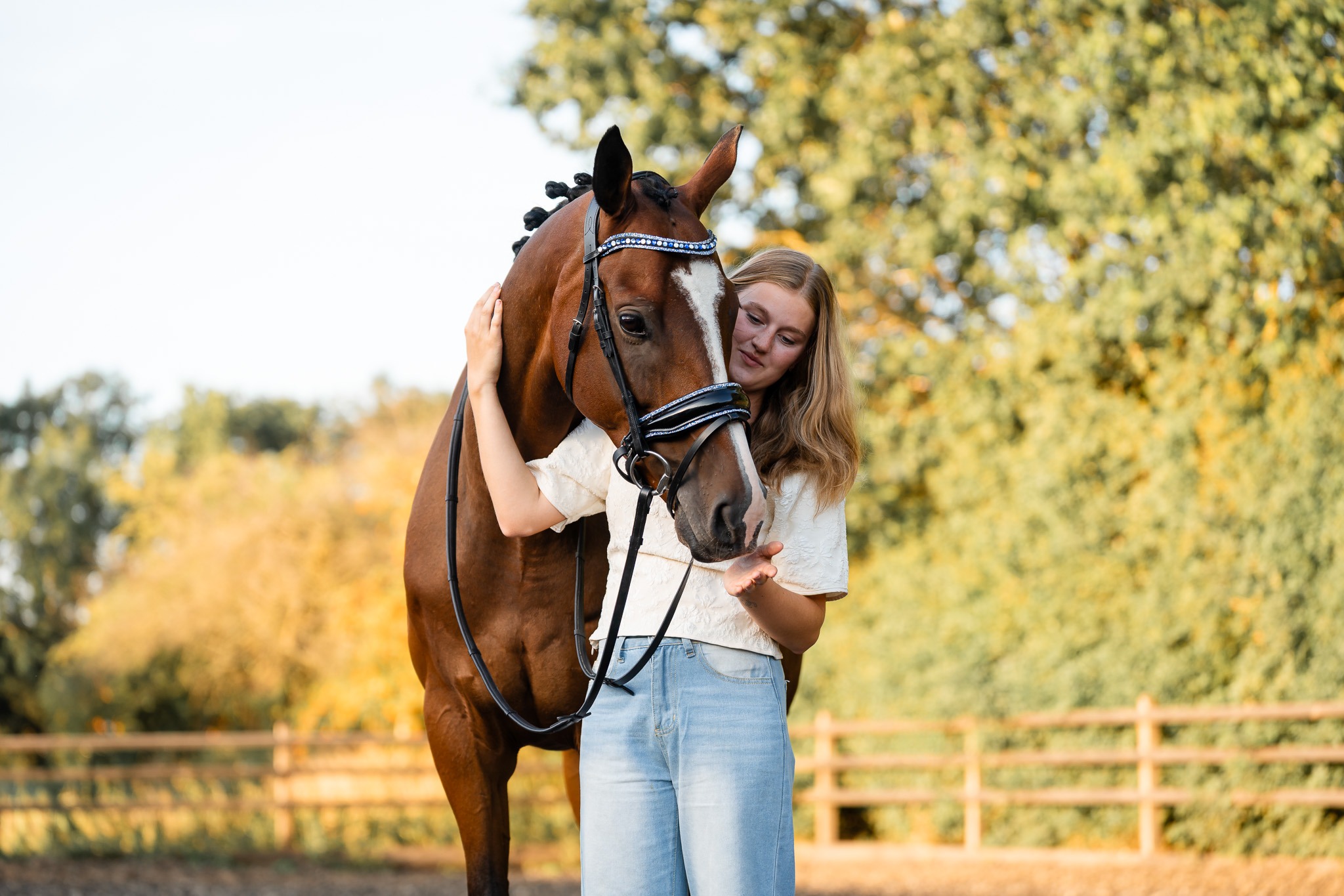Meisje met bruin paard bij het hek in de avondzon, paardenfotograaf Voorne aan Zee