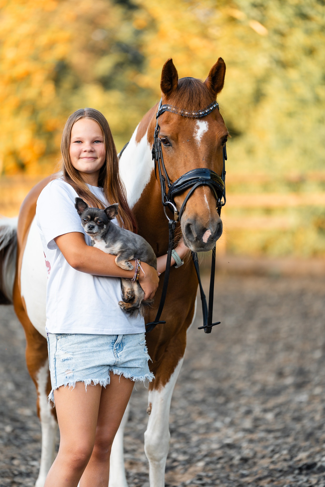 Meisje knuffelt haar nieuwe bonte pony, paardenshoot Voorne aan Zee